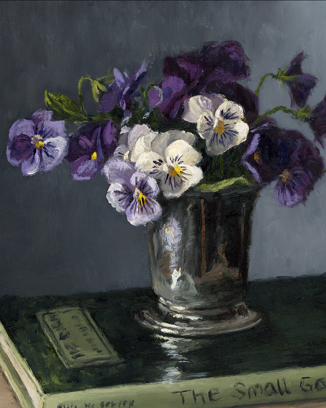 Pansies and Book, 9x12 inches, Framed Oil Painting