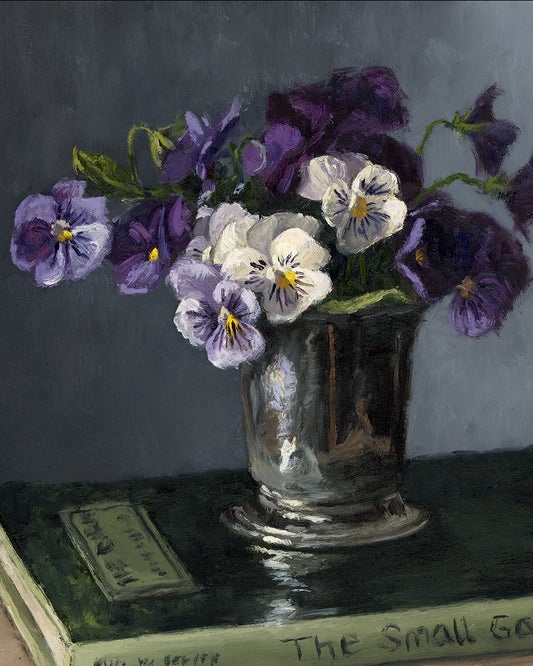 Pansies and Book, 9x12 inches, Framed Oil Painting
