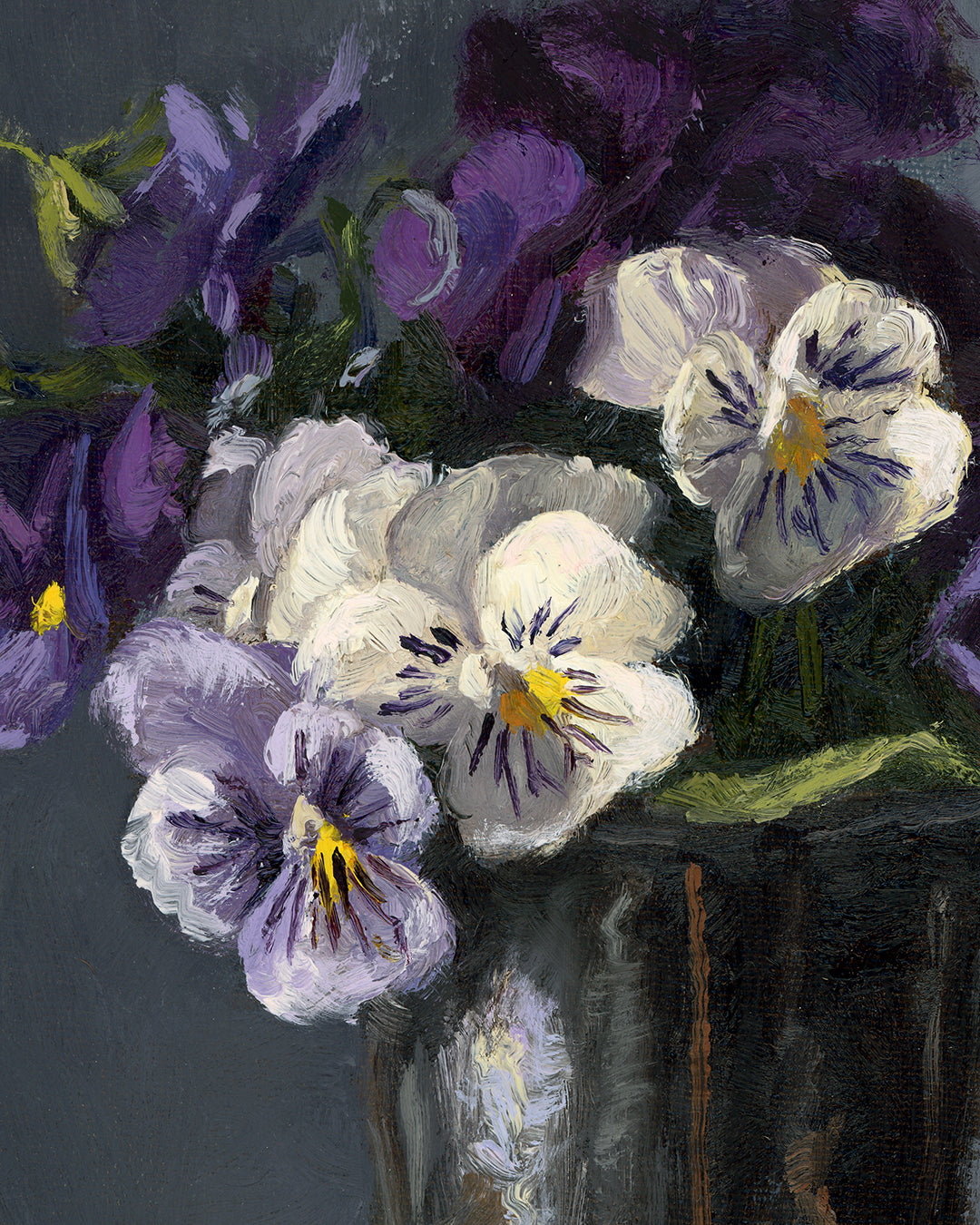 Pansies and Book, 9x12 inches, Framed Oil Painting