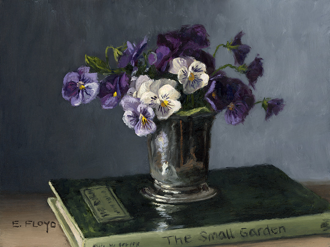 Pansies and Book, 9x12 inches, Framed Oil Painting