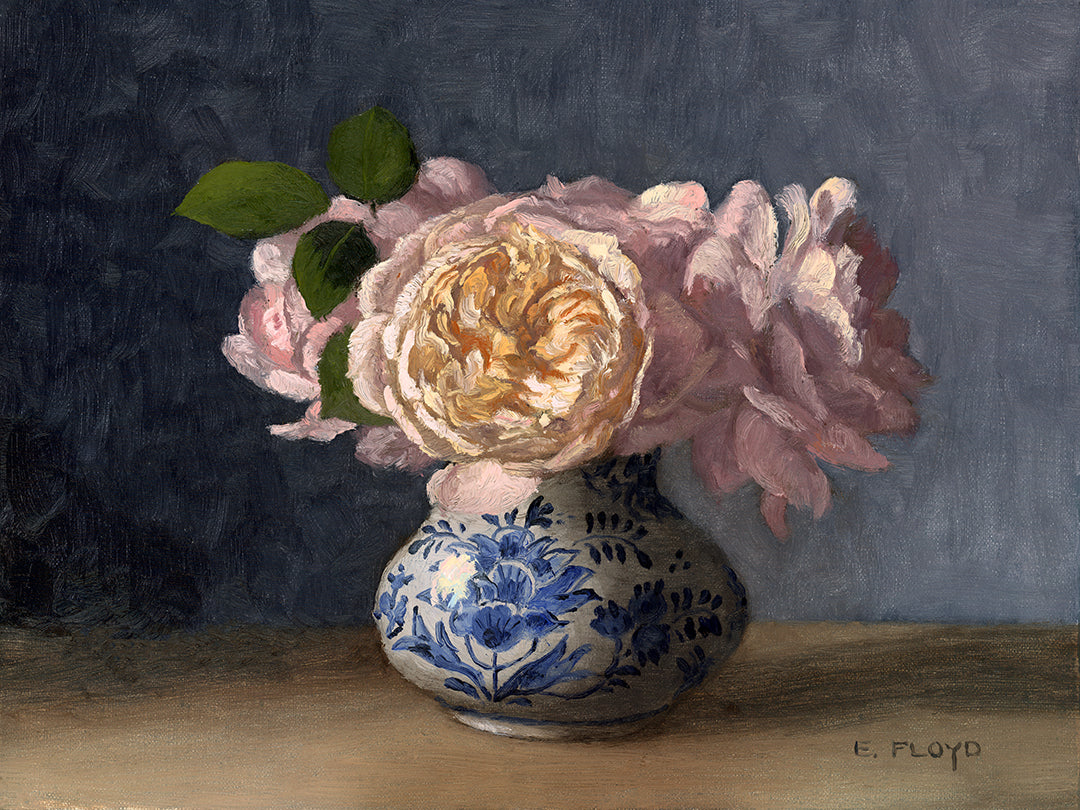 Roses in Delft Vase, 9x12 inches, Framed Oil Painting