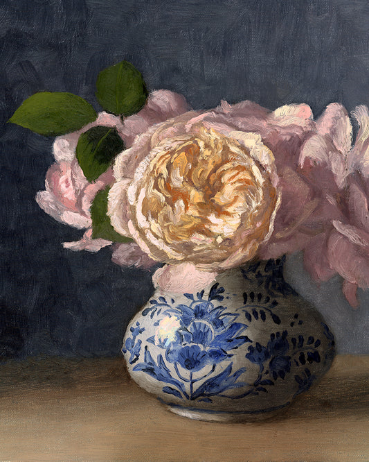 Roses in Delft Vase, 9x12 inches, Framed Oil Painting