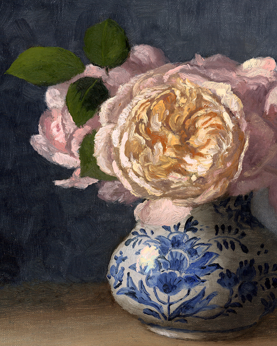 Roses in Delft Vase, 9x12 inches, Framed Oil Painting