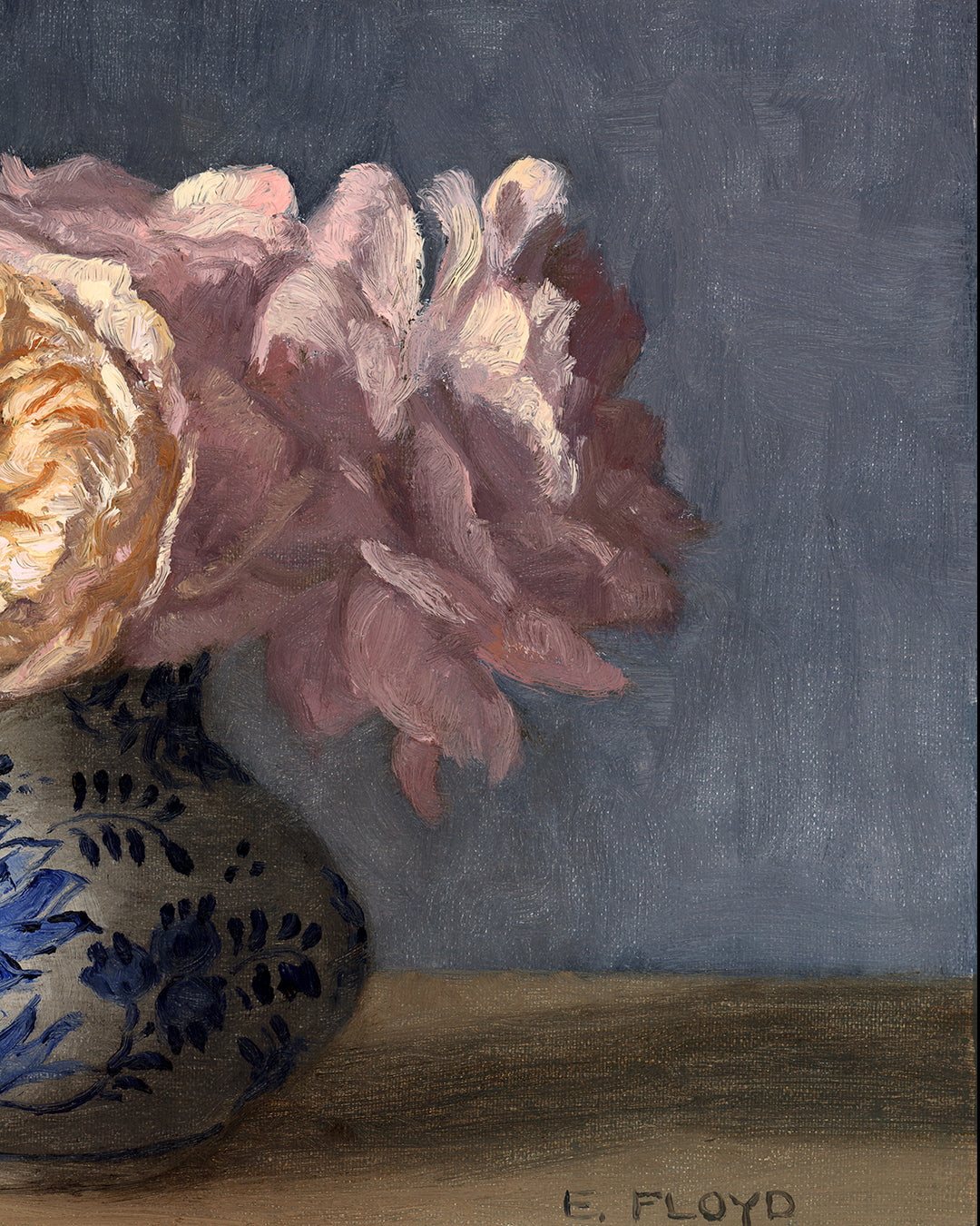 Roses in Delft Vase, 9x12 inches, Framed Oil Painting