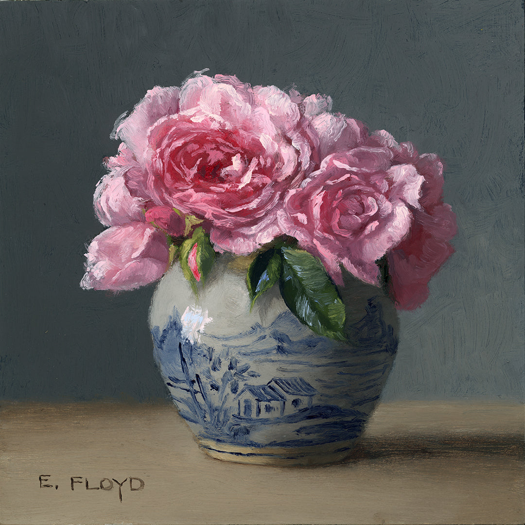 Roses in Ginger Jar, Framed Oil Painting, 8x8 inches