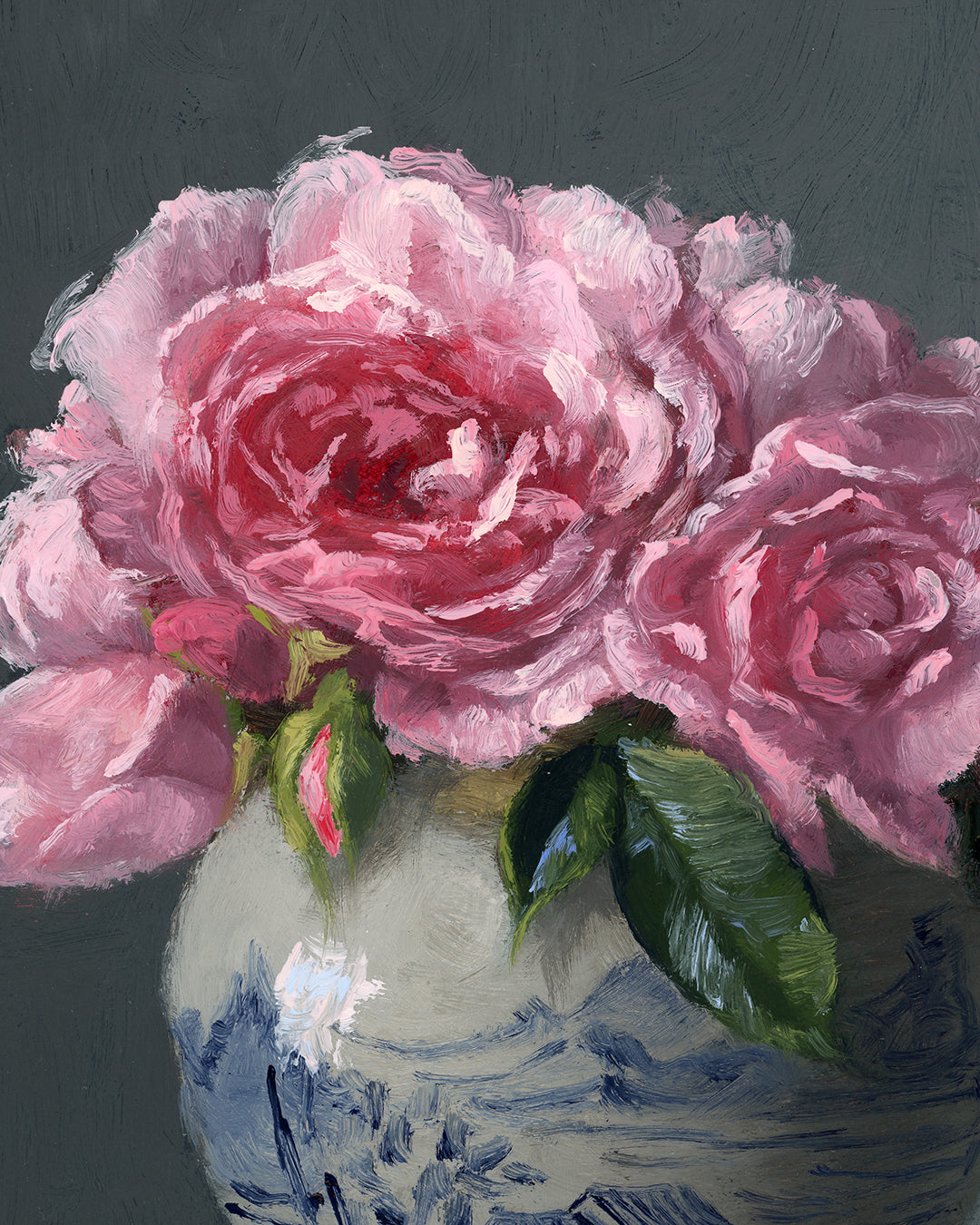 Roses in Ginger Jar, Framed Oil Painting, 8x8 inches