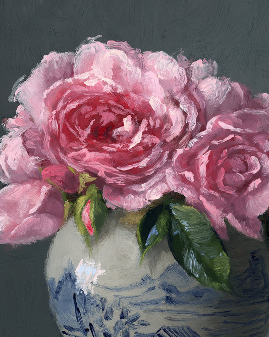Roses in Ginger Jar, Framed Oil Painting, 8x8 inches