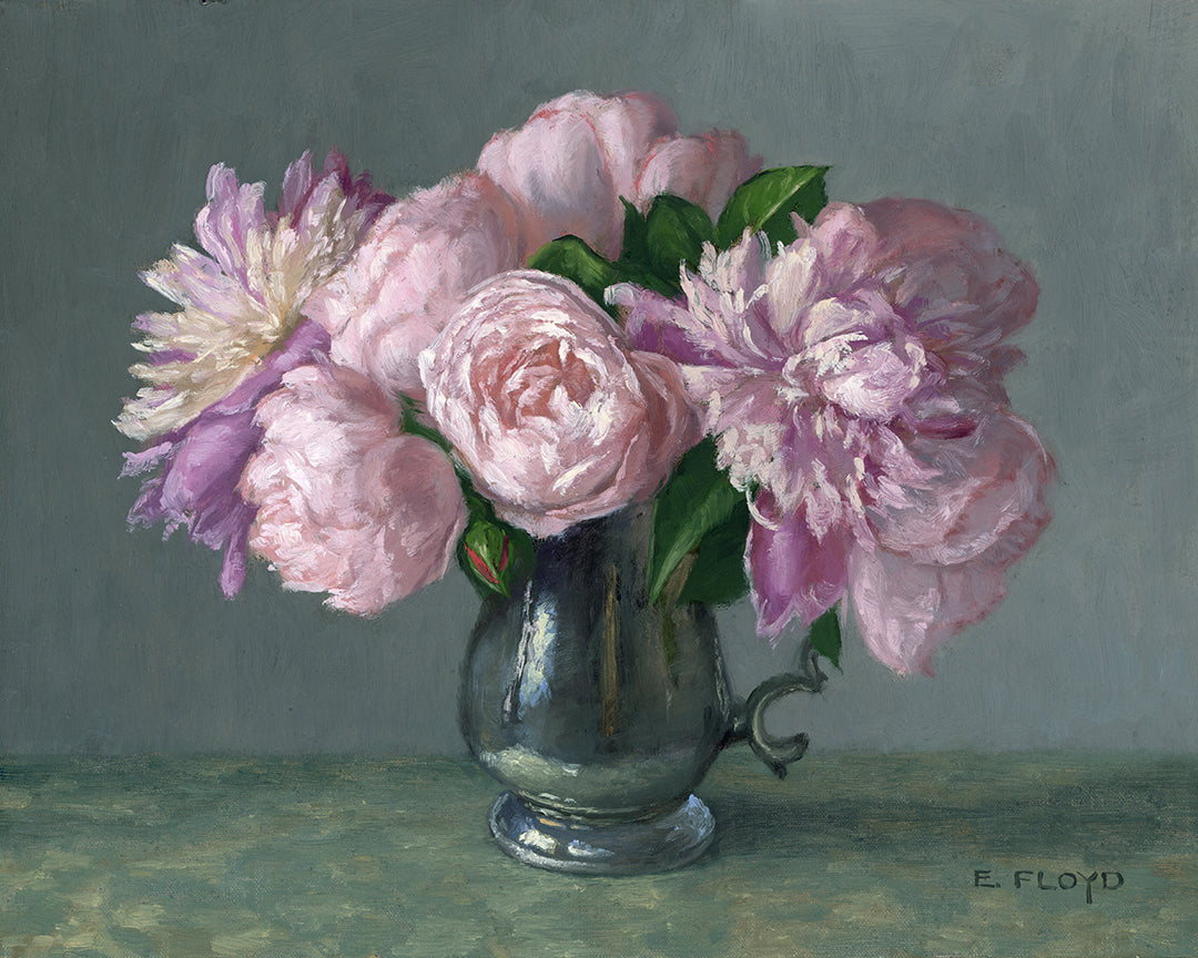 Peonies and Roses, Framed Oil Painting, 11x14 inches
