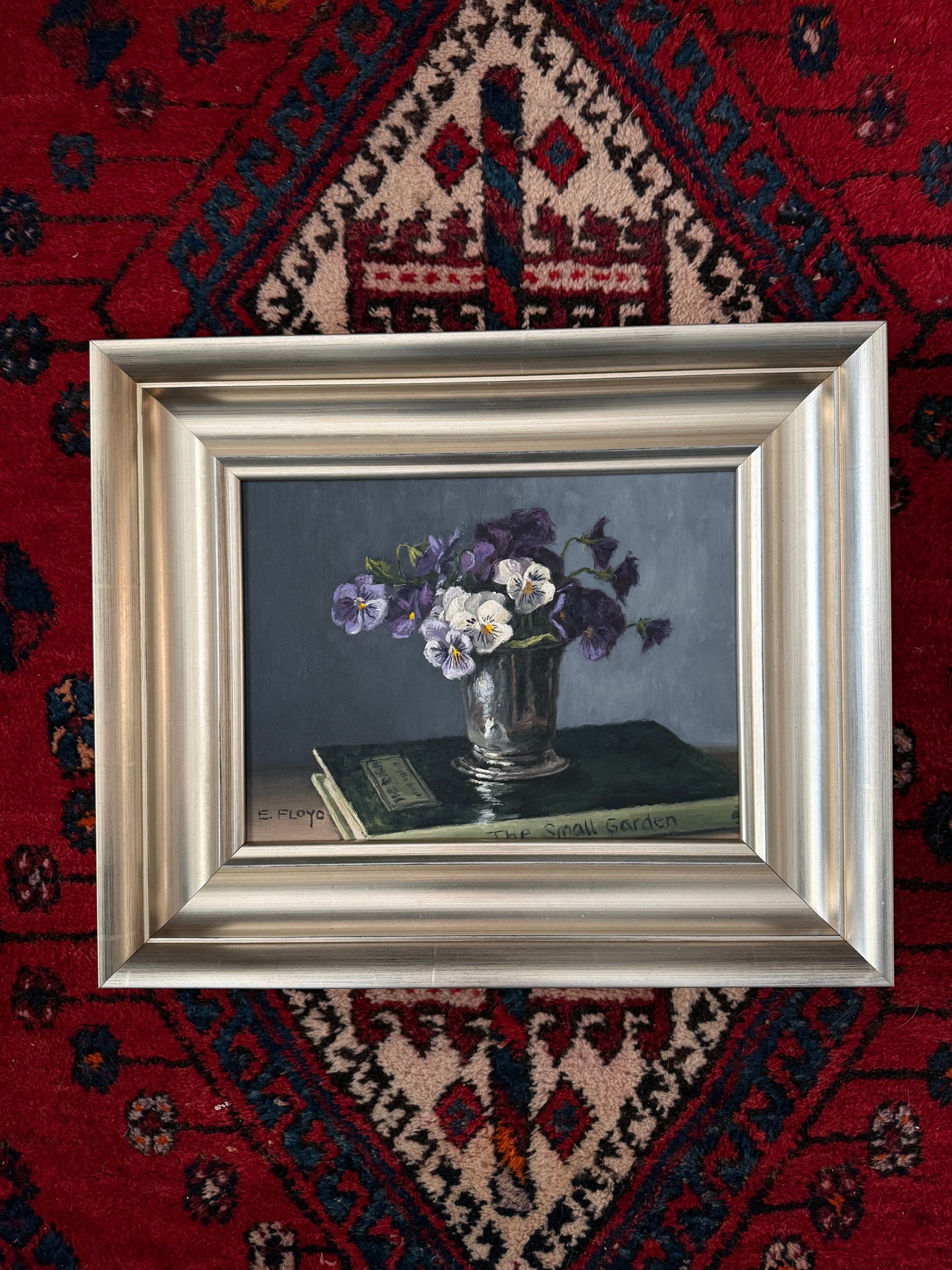 Pansies and Book, 9x12 inches, Framed Oil Painting