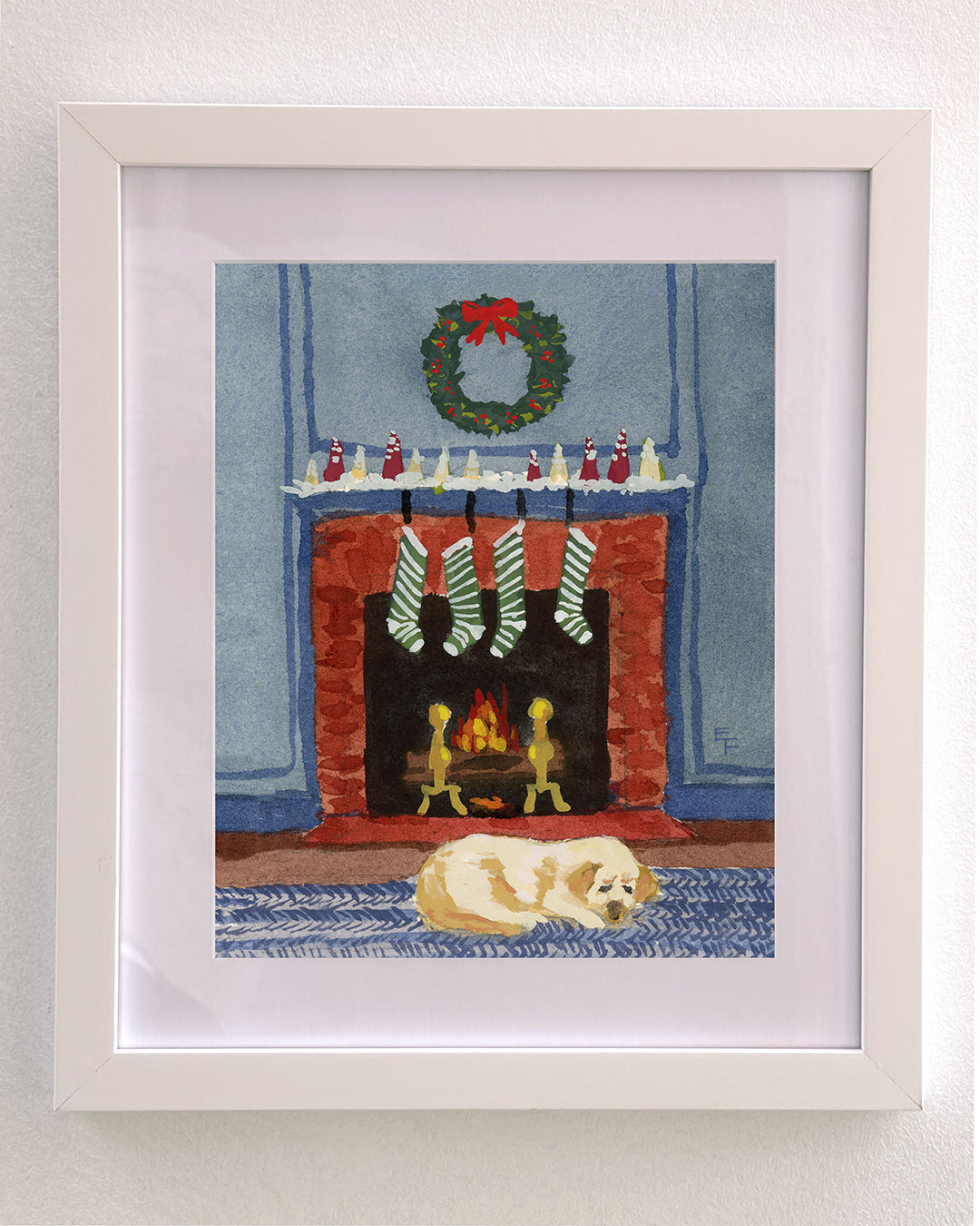 Lab in Front of Fireplace Art Print on Textured Watercolor Matte Paper