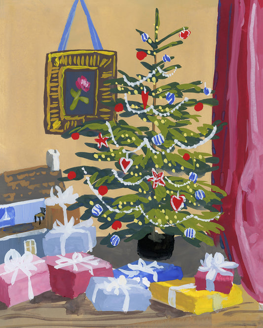 Christmas Tree with Dollhouse and Presents Art Print on Textured Watercolor Matte Paper