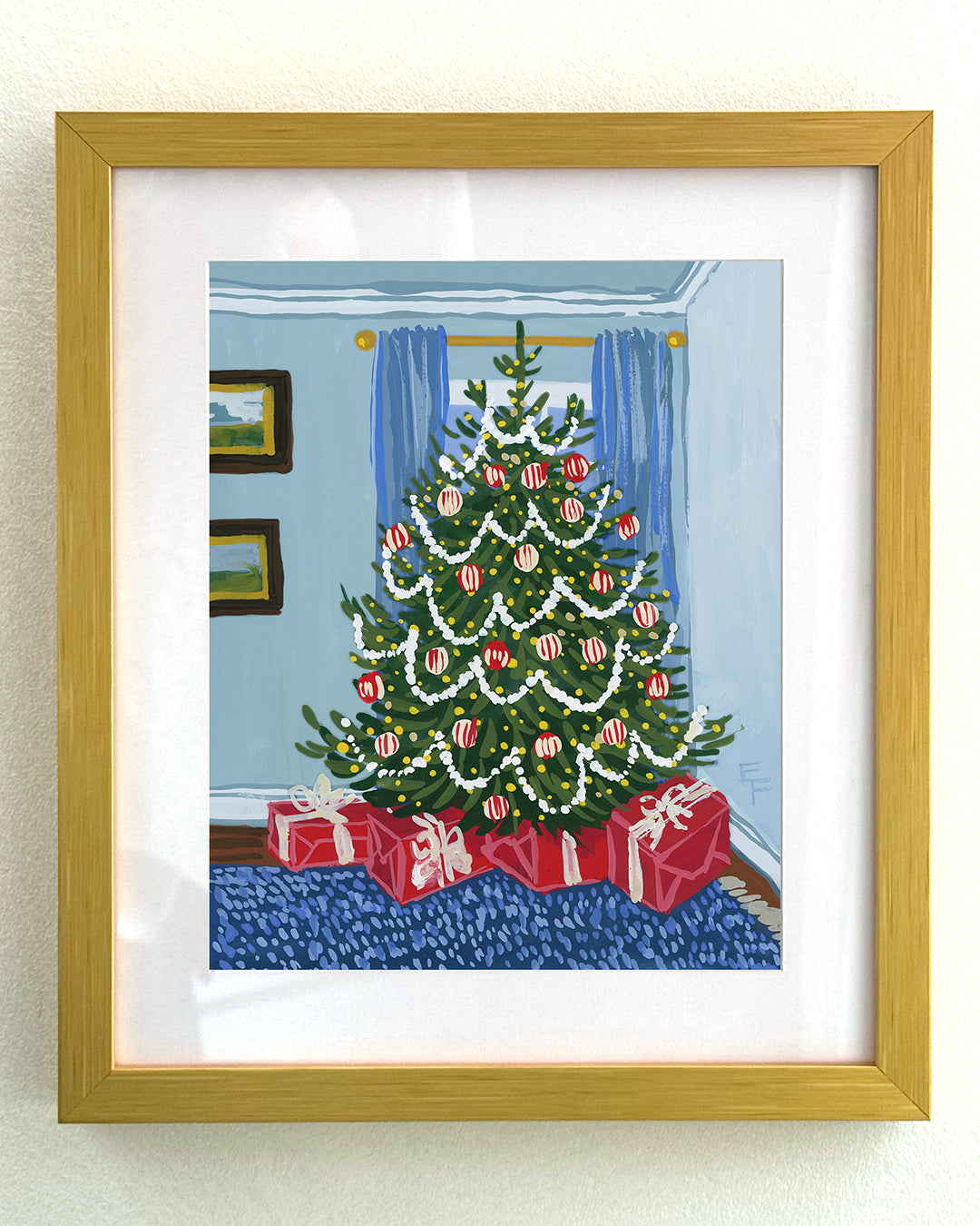 Christmas Tree in Blue Room Art Print on Textured Watercolor Matte Paper