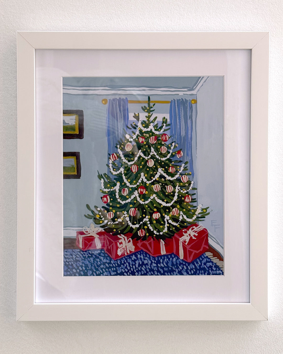 Christmas Tree in Blue Room Art Print on Textured Watercolor Matte Paper