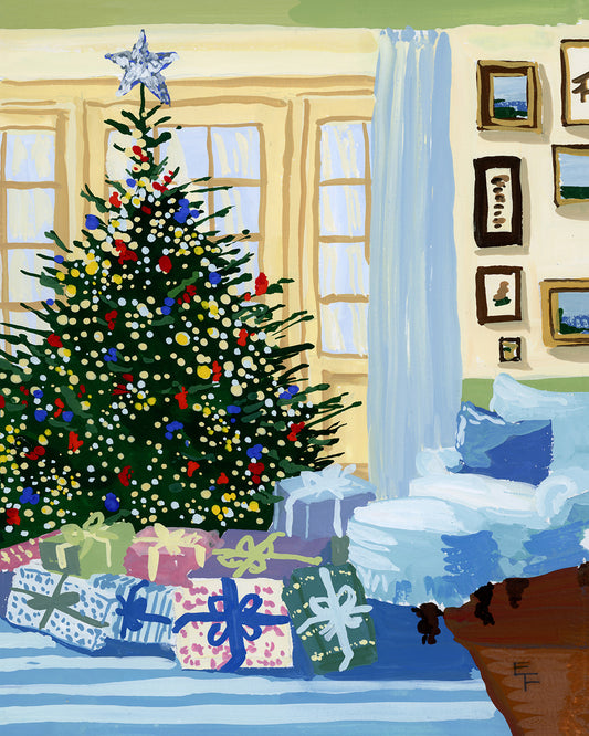 Christmas Tree in Sunlit Room Art Print on Textured Watercolor Matte Paper