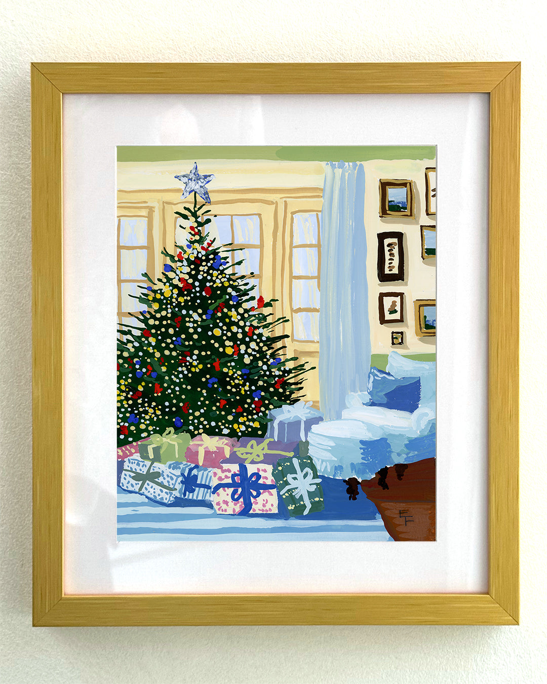 Christmas Tree in Sunlit Room Art Print on Textured Watercolor Matte Paper