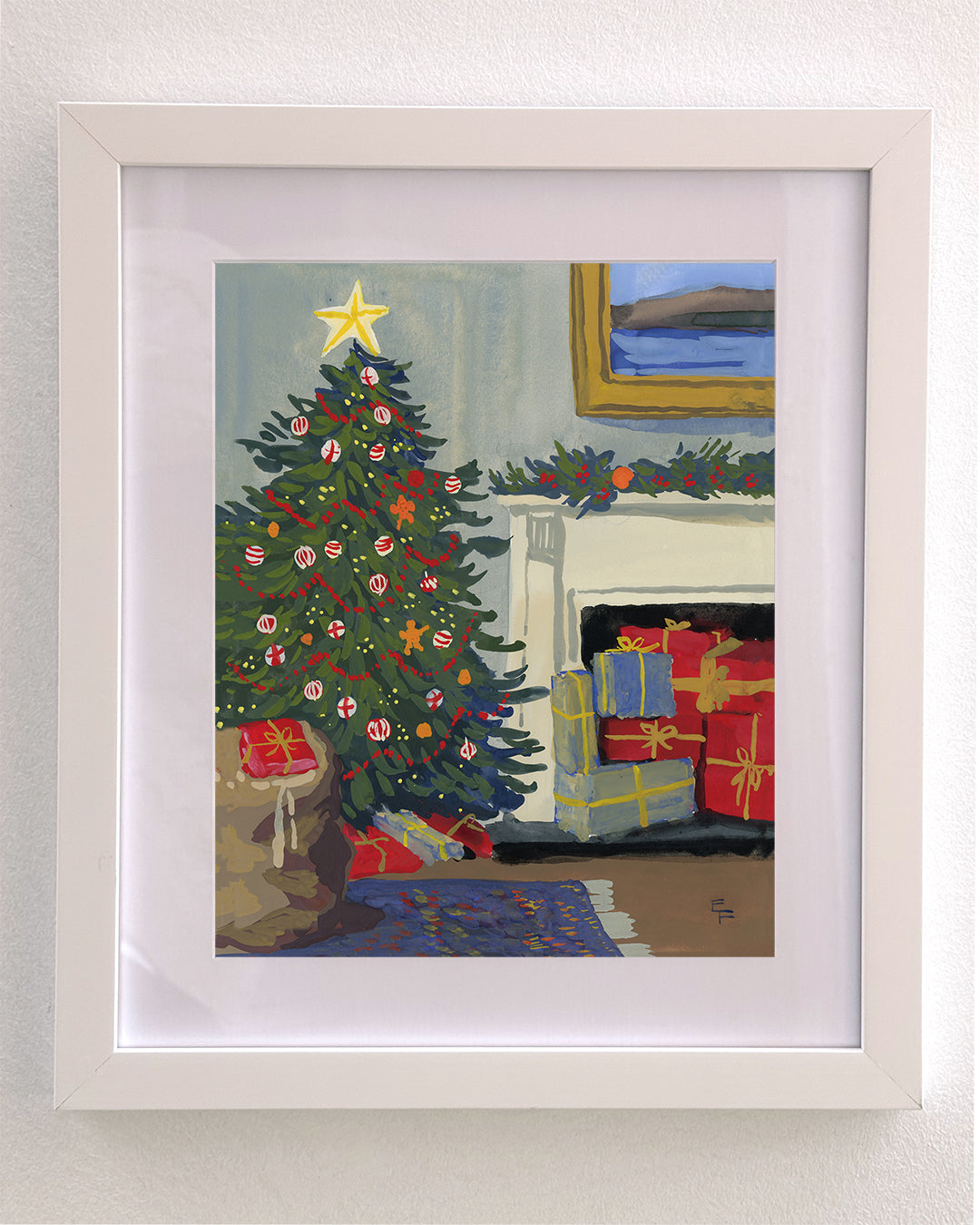 Christmas Tree with Presents Inside the Fireplace Art Print on Textured Watercolor Matte Paper