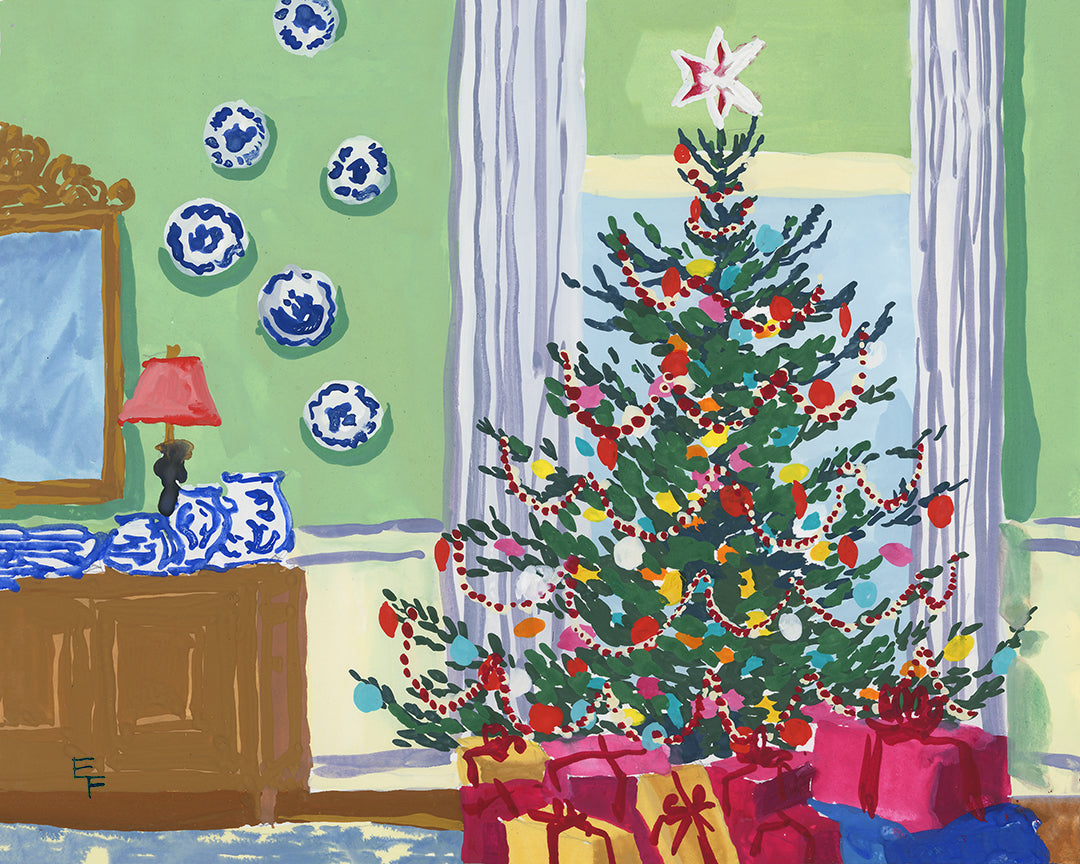Christmas Tree with Blue and White Porcelain Art Print on Textured Watercolor Matte Paper