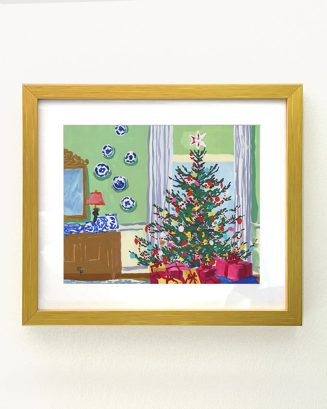Christmas Tree with Blue and White Porcelain Art Print on Textured Watercolor Matte Paper