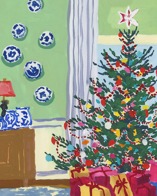Christmas Tree with Blue and White Porcelain Art Print on Textured Watercolor Matte Paper