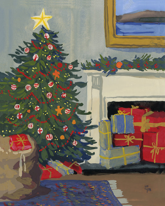 Christmas Tree with Presents Inside the Fireplace Art Print on Textured Watercolor Matte Paper