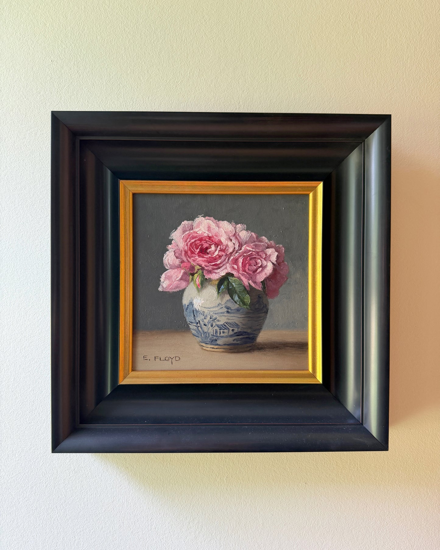 Roses in Ginger Jar, Framed Oil Painting, 8x8 inches