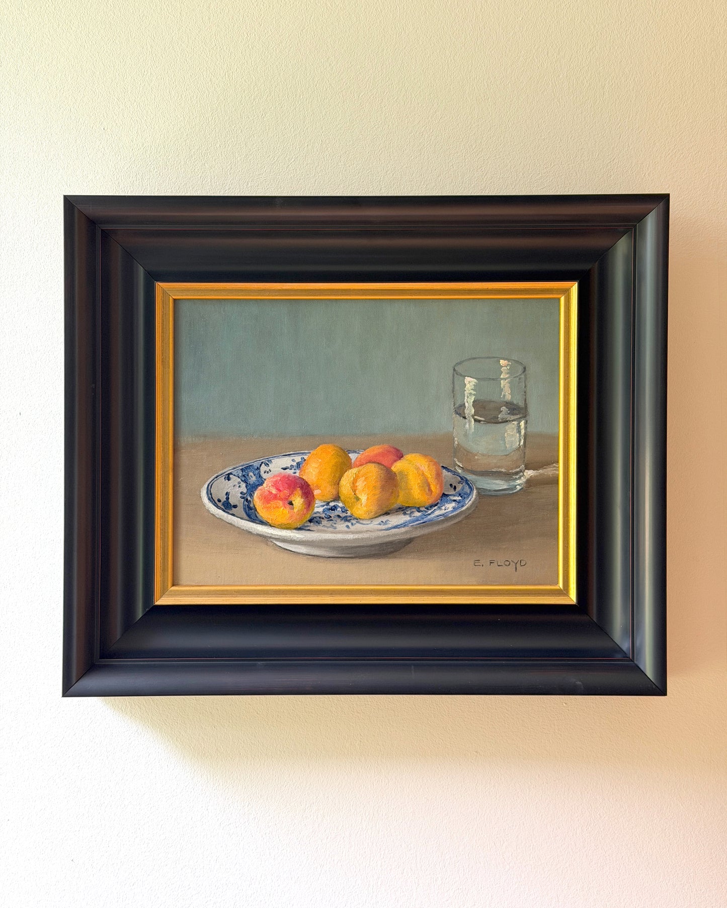 Apricots and Glass of Water, Framed Oil Painting, 9x12 inches
