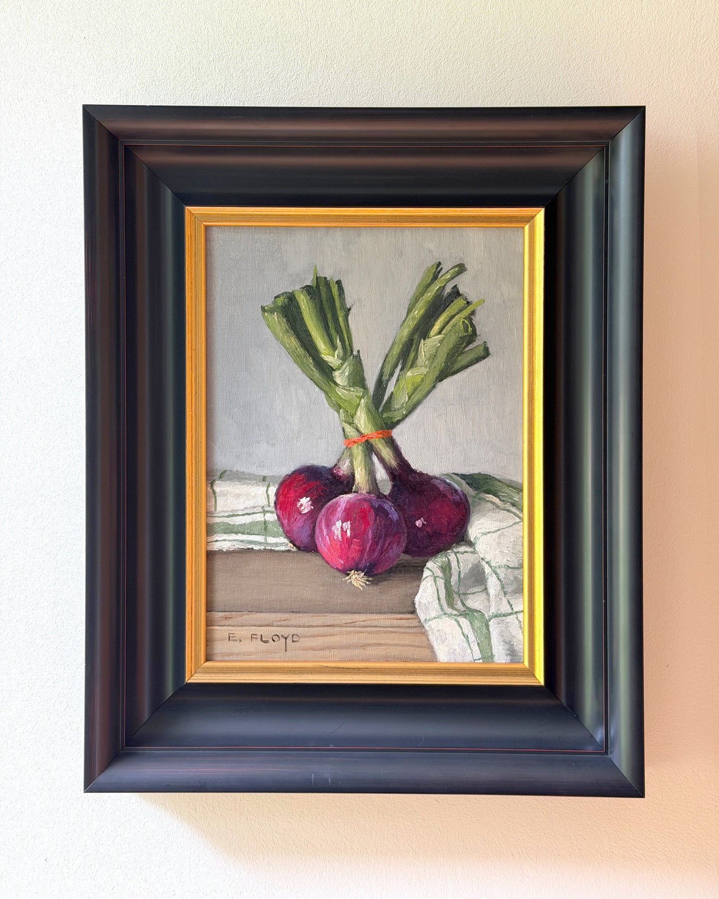 Red Onions, Framed Oil Painting, 12x9 inches