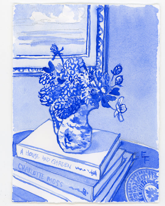 Autumn Bouquet, Blue and White Watercolor, Unframed