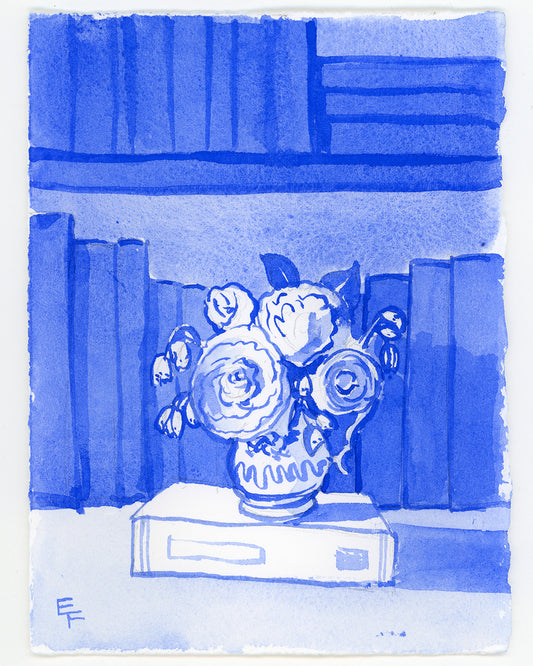 Camellias on the Bookshelf, Blue and White Watercolor, Unframed