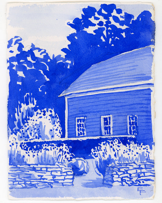 Cosmos Hedge and Barn, Blue and White Watercolor, Unframed