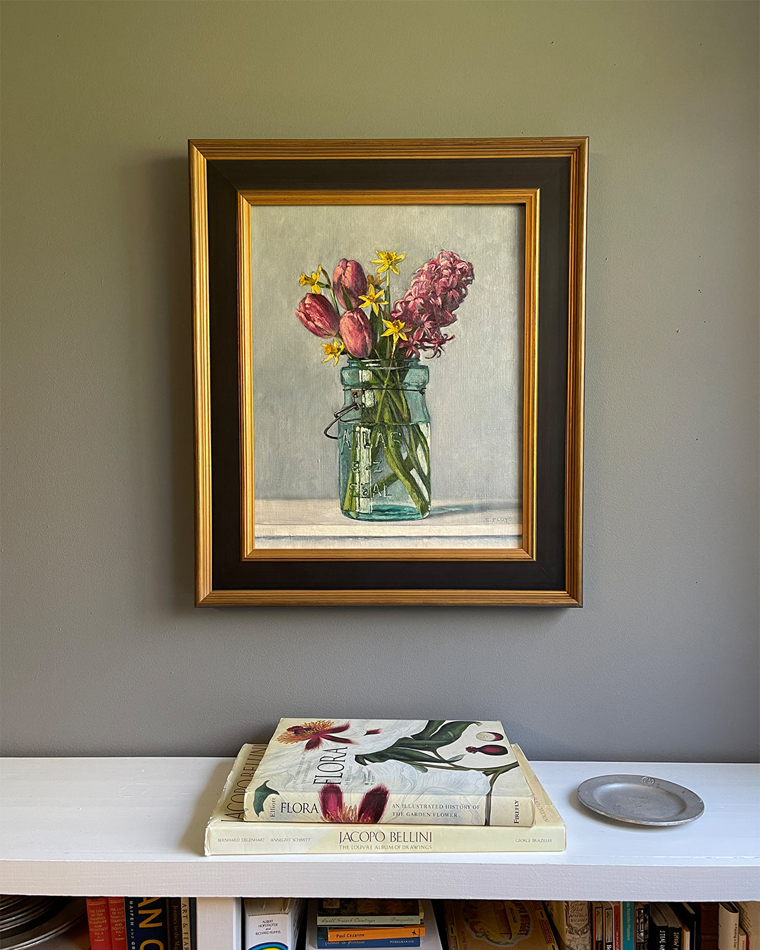 Tulips, Jonquils, and Hyacinth in Canning Jar, framed oil painting, 20 x 16 inches