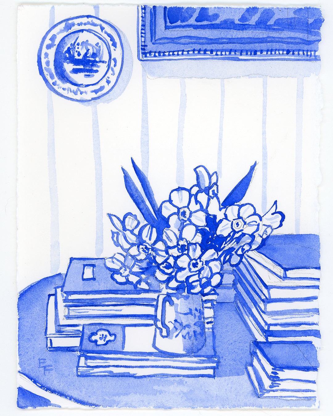 Daffodils and Paperbacks, Blue and White Watercolor, Unframed