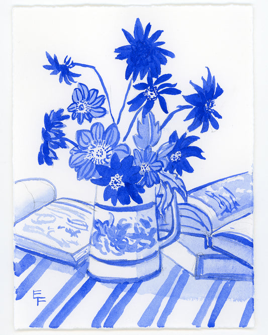 Dahlias and Books, Blue and White Watercolor, Unframed