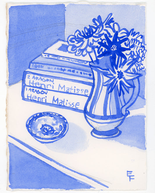 Dahlias and Matisse Books, Blue and White Watercolor, Unframed