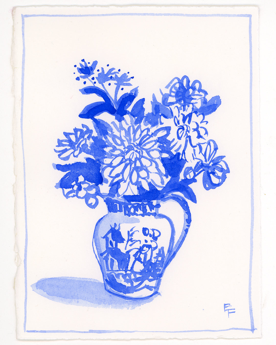 Dahlias in Blue Willow, Blue and White Watercolor, Unframed