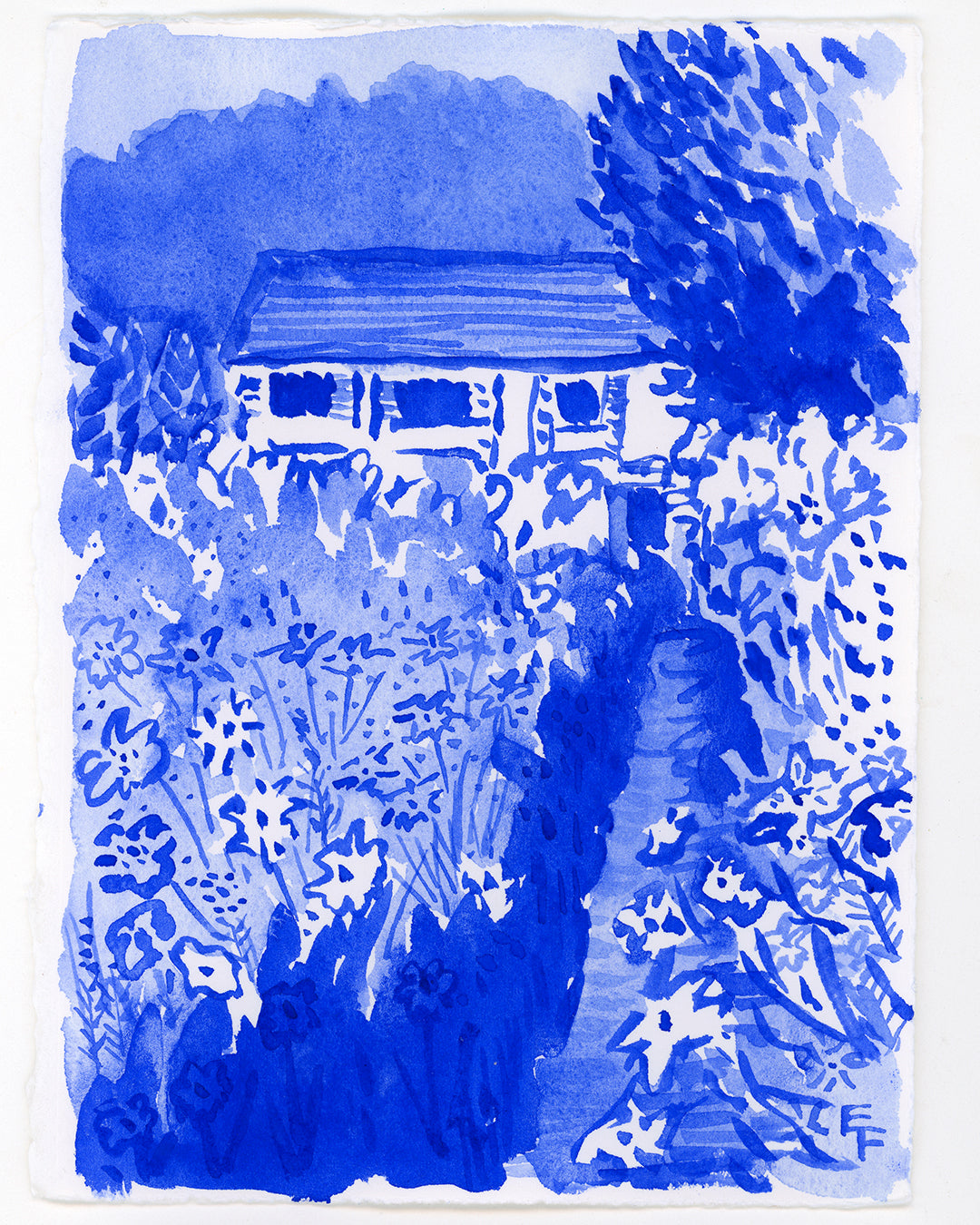 Garden Path at Giverny No 2, Blue and White Watercolor, Unframed