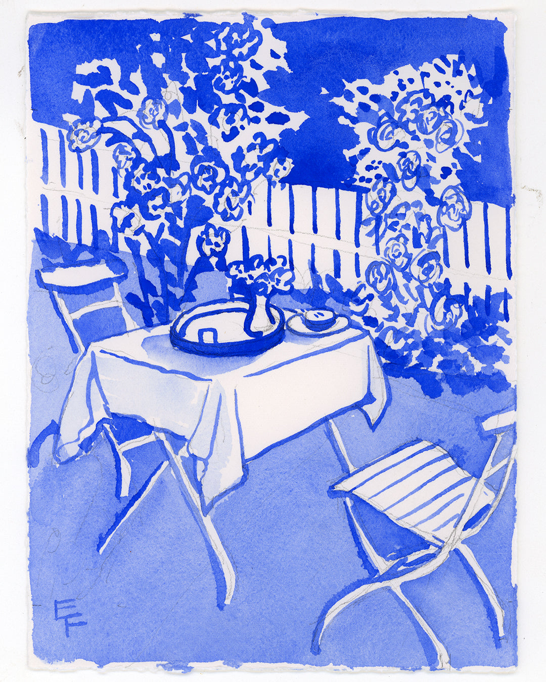 Garden Patio, Blue and White Watercolor, Unframed