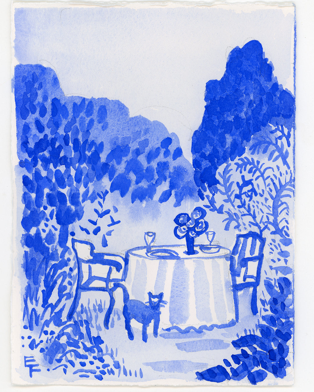 Garden Table with Cat, Blue and White Watercolor, Unframed