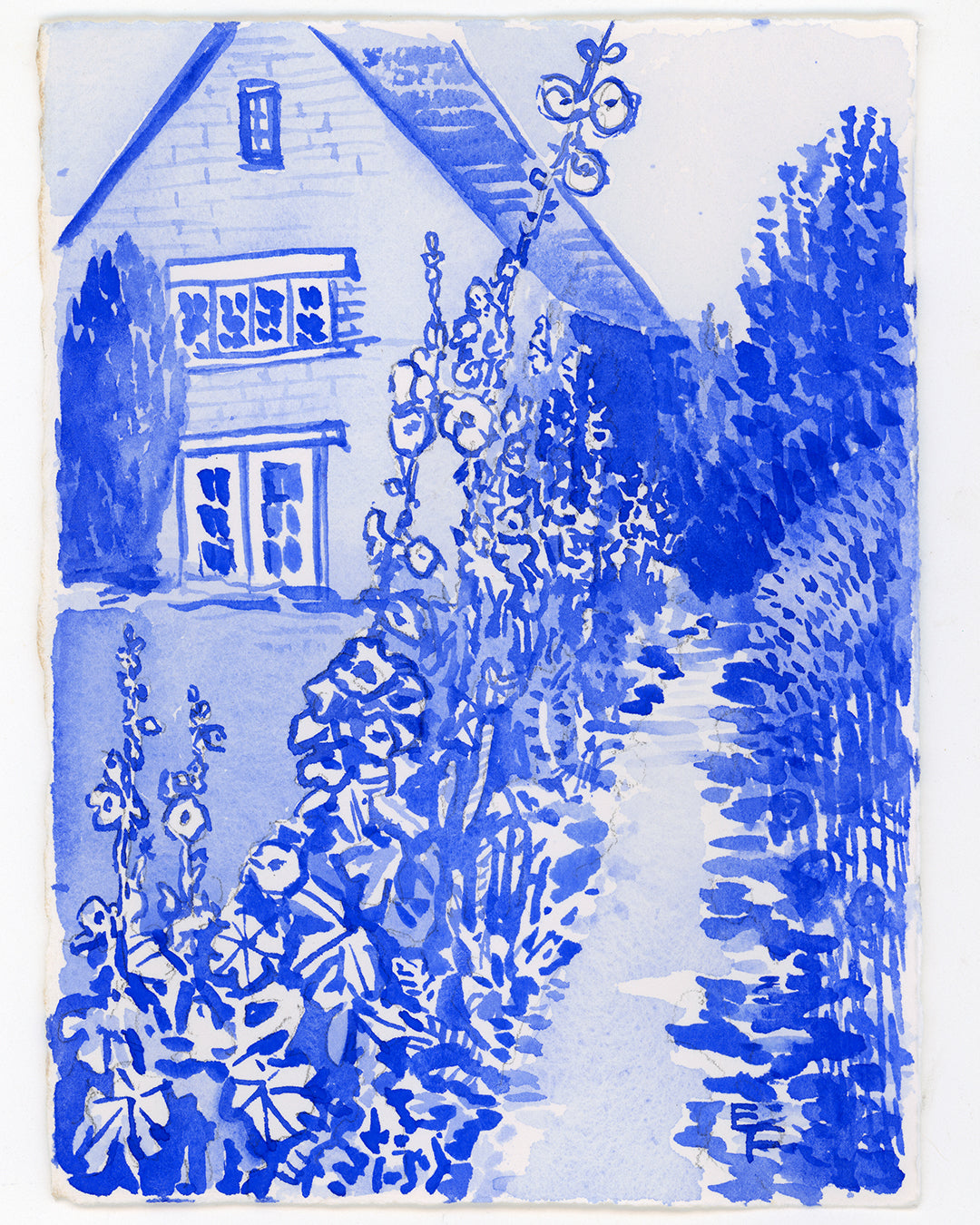 Hollyhock Path, Blue and White Watercolor, Unframed