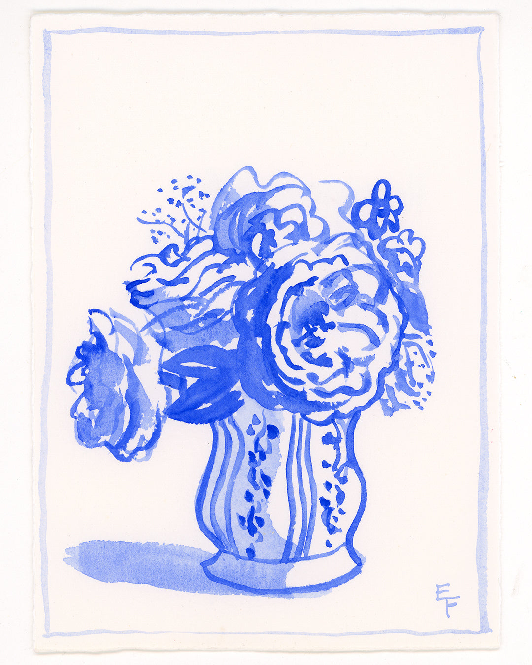 Homegrown Roses, Blue and White Watercolor, Unframed