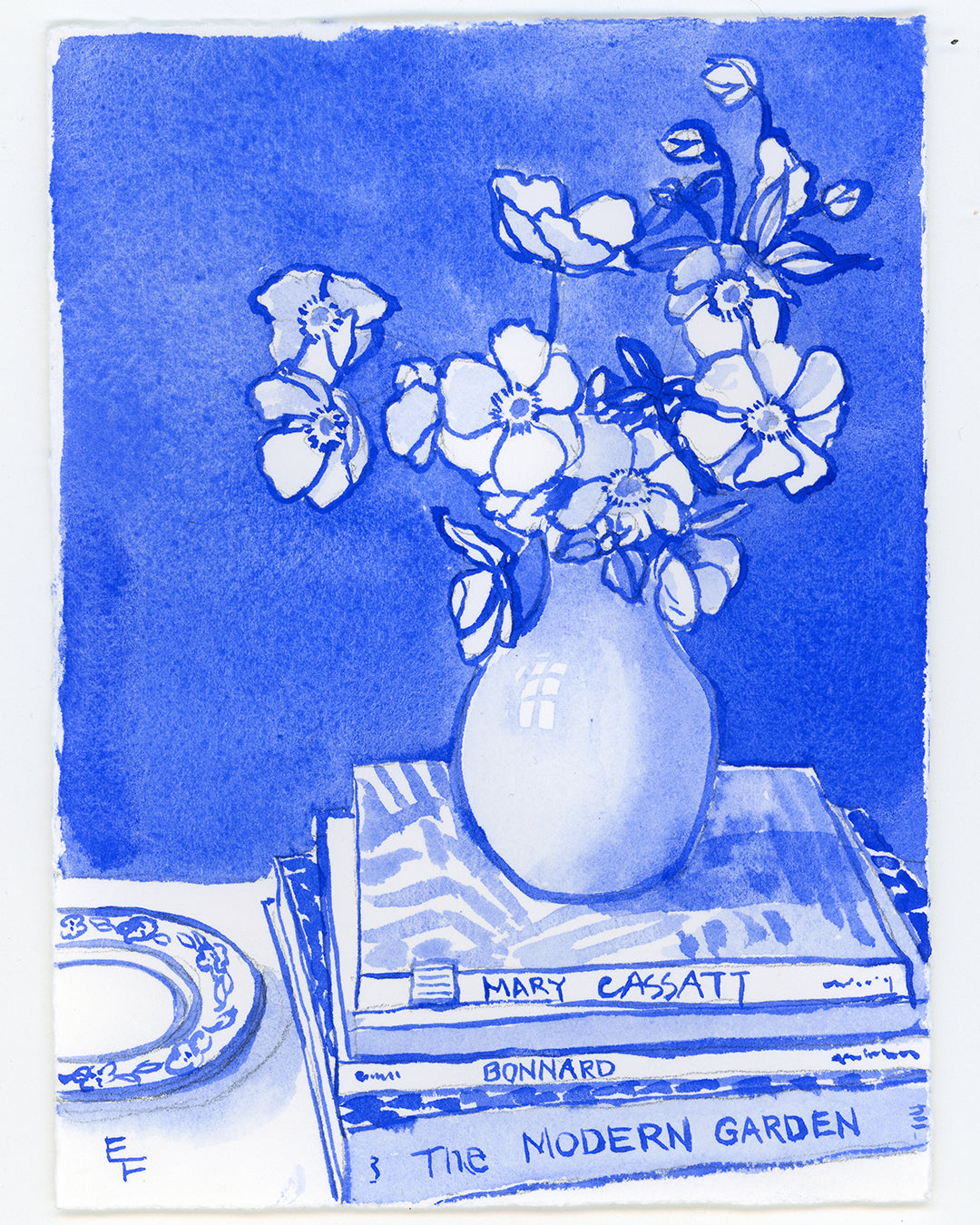 Japanese Anemones and Books, Blue and White Watercolor, Unframed