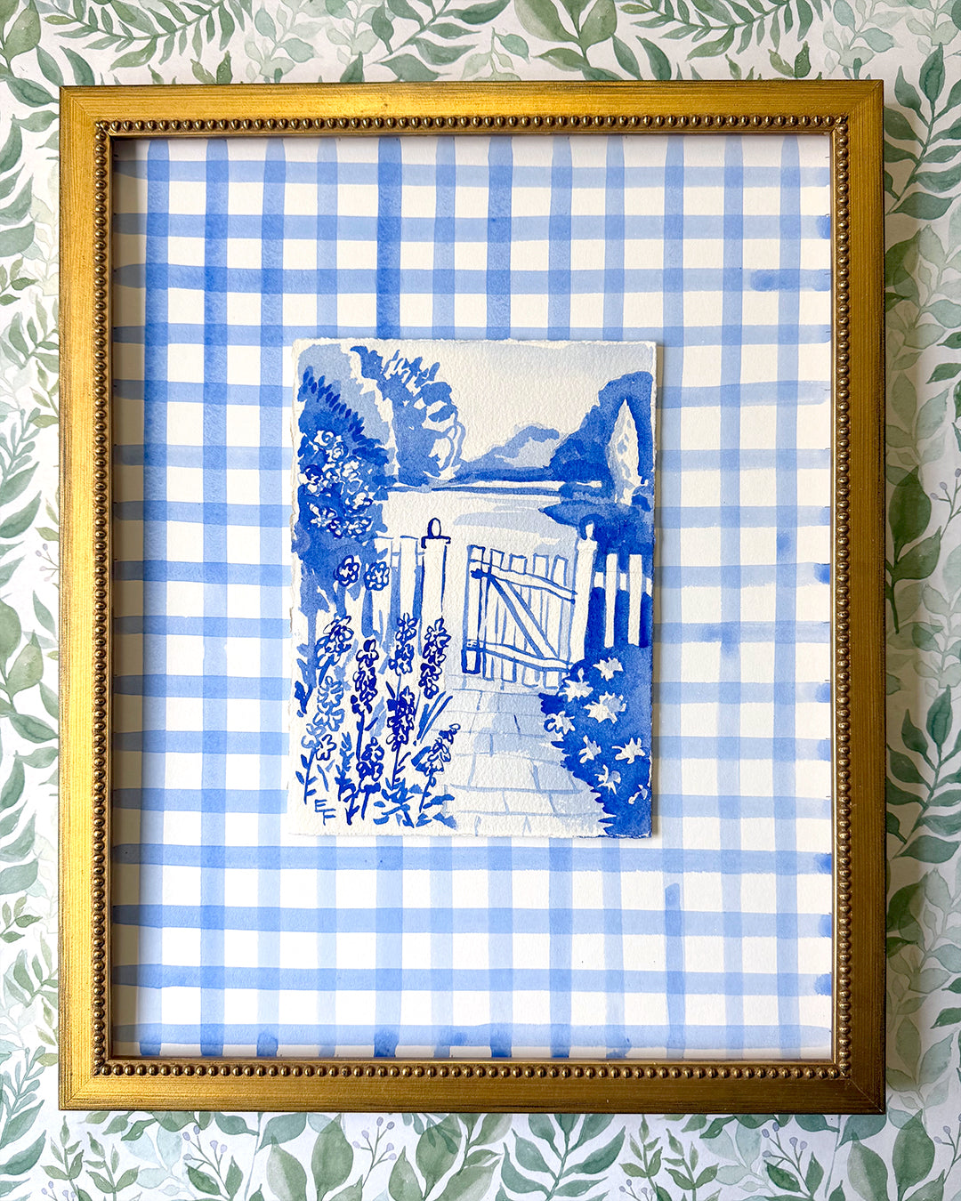 Open Garden Gate, Blue and White Watercolor, Framed