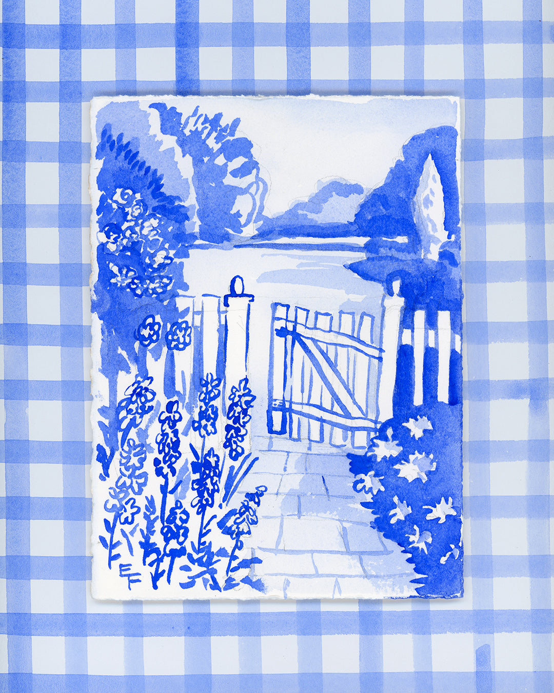 Open Garden Gate, Blue and White Watercolor, Framed