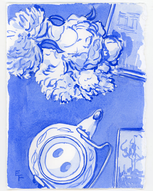 Peonies on Coffee Table, Blue and White Watercolor, Unframed