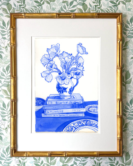 Poppies on Books, Blue and White Watercolor, Framed