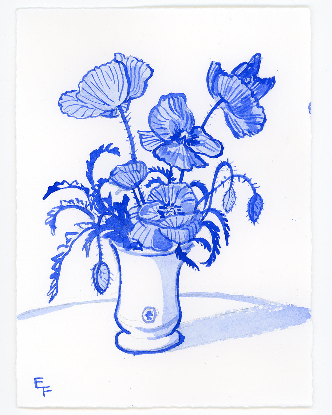 Poppies in Vase, Blue and White Watercolor, Unframed