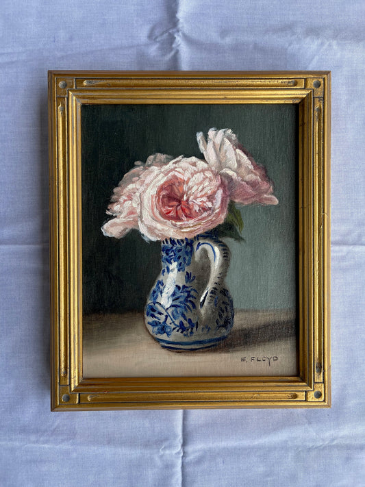 Purity Roses in Delft Creamer, 10 x 8 inches, oil painting, framed