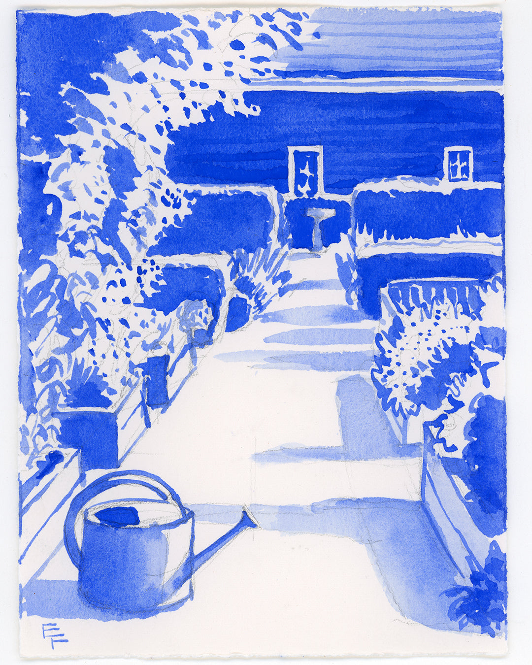 Raised Beds, Blue and White Watercolor, Unframed