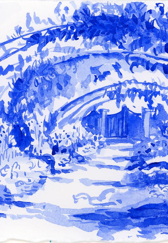 Rose Arbor Towards Gate, Blue and White Watercolor, Unframed