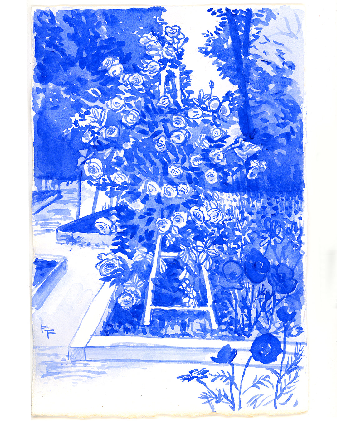 Rose Obelisk, Large Blue and White Watercolor, Unframed